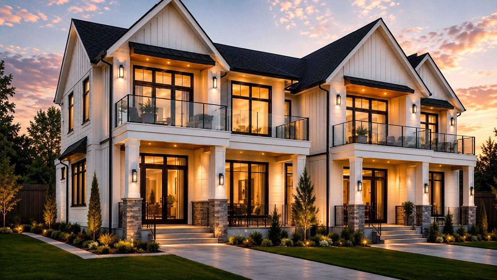 Finished XHouze single-family home at golden hour, ready for move-in